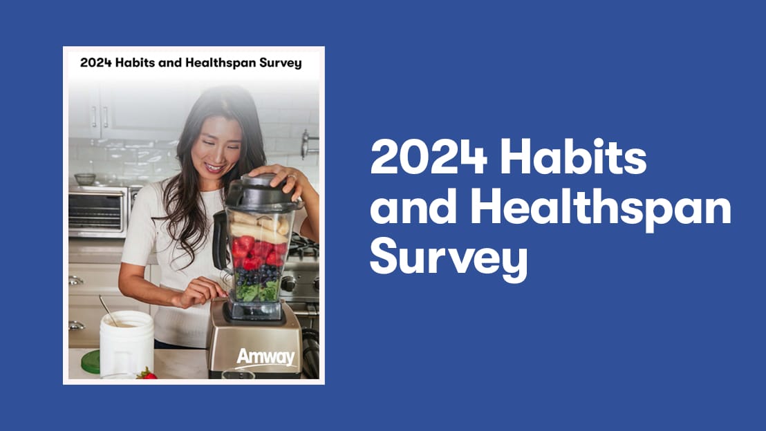 2024 Habits and Healthspan Survey. Pictures a woman blending fruit.